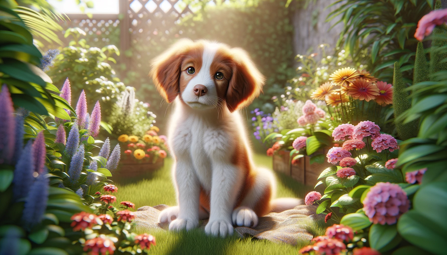 A Brittany Puppy sitting in a sunny garden, surrounded by vibrant flowers, capturing the playful and innocent essence of youth.